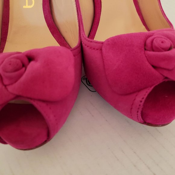 New Berry Pink Suede Flower Bow Pumps Slingback - Picture 6 of 9